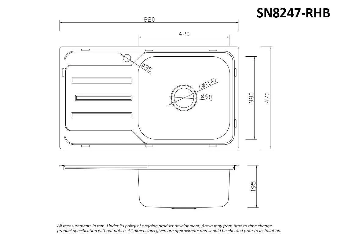 Bass 820mm Single Bowl Kitchen Sink with Drainer