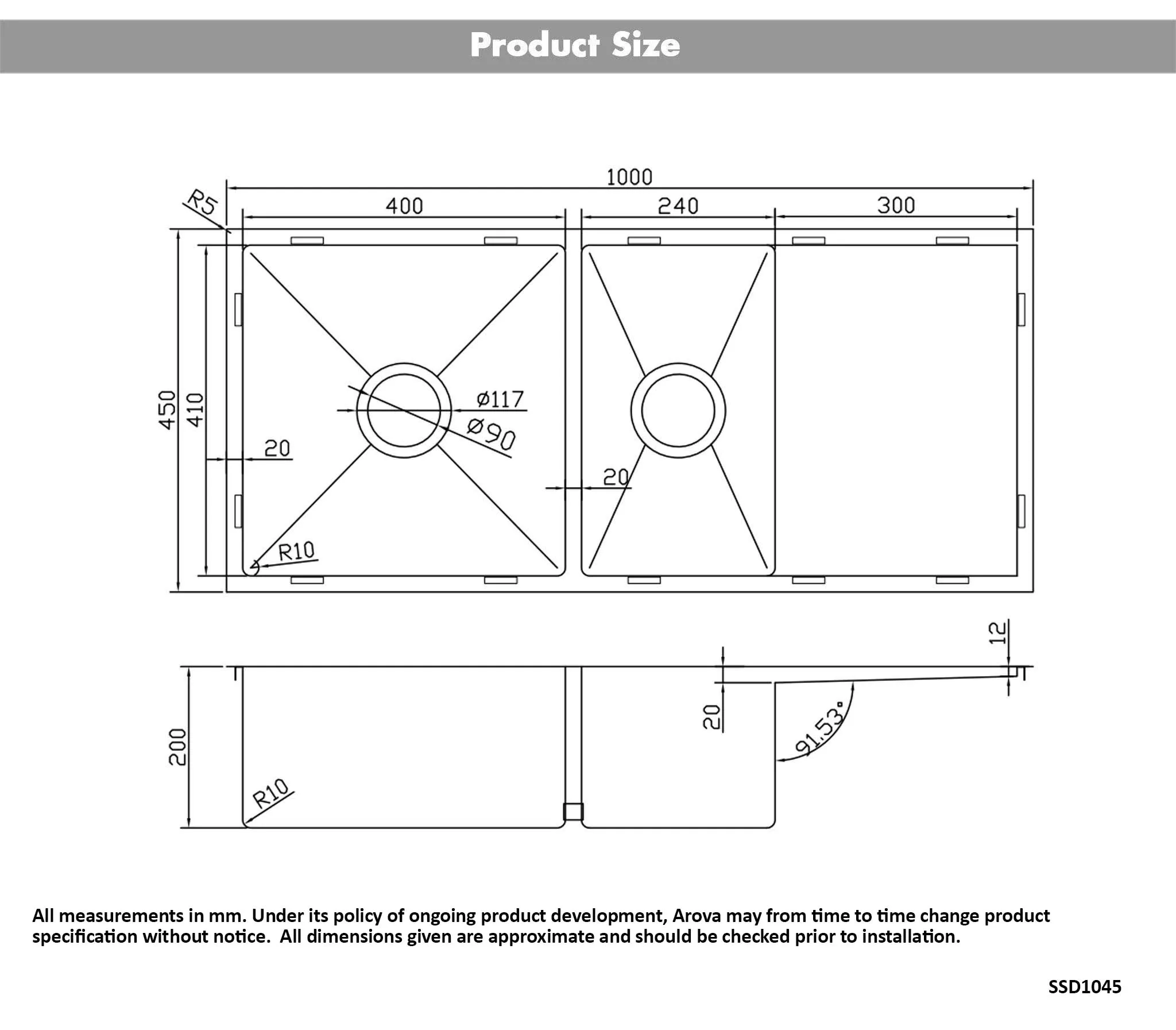 ULTIMO 1.5mm 1000W x 450D 1 1/2 Bowl Handmade Kitchen Sink with Drainer Top Undermount - SSD1045