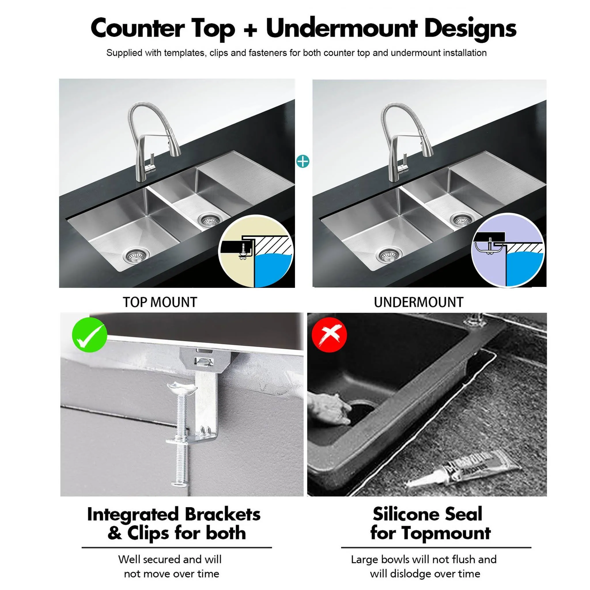 ULTIMO 1.5mm 1000W x 450D 1 1/2 Bowl Handmade Kitchen Sink with Drainer Top Undermount - SSD1045