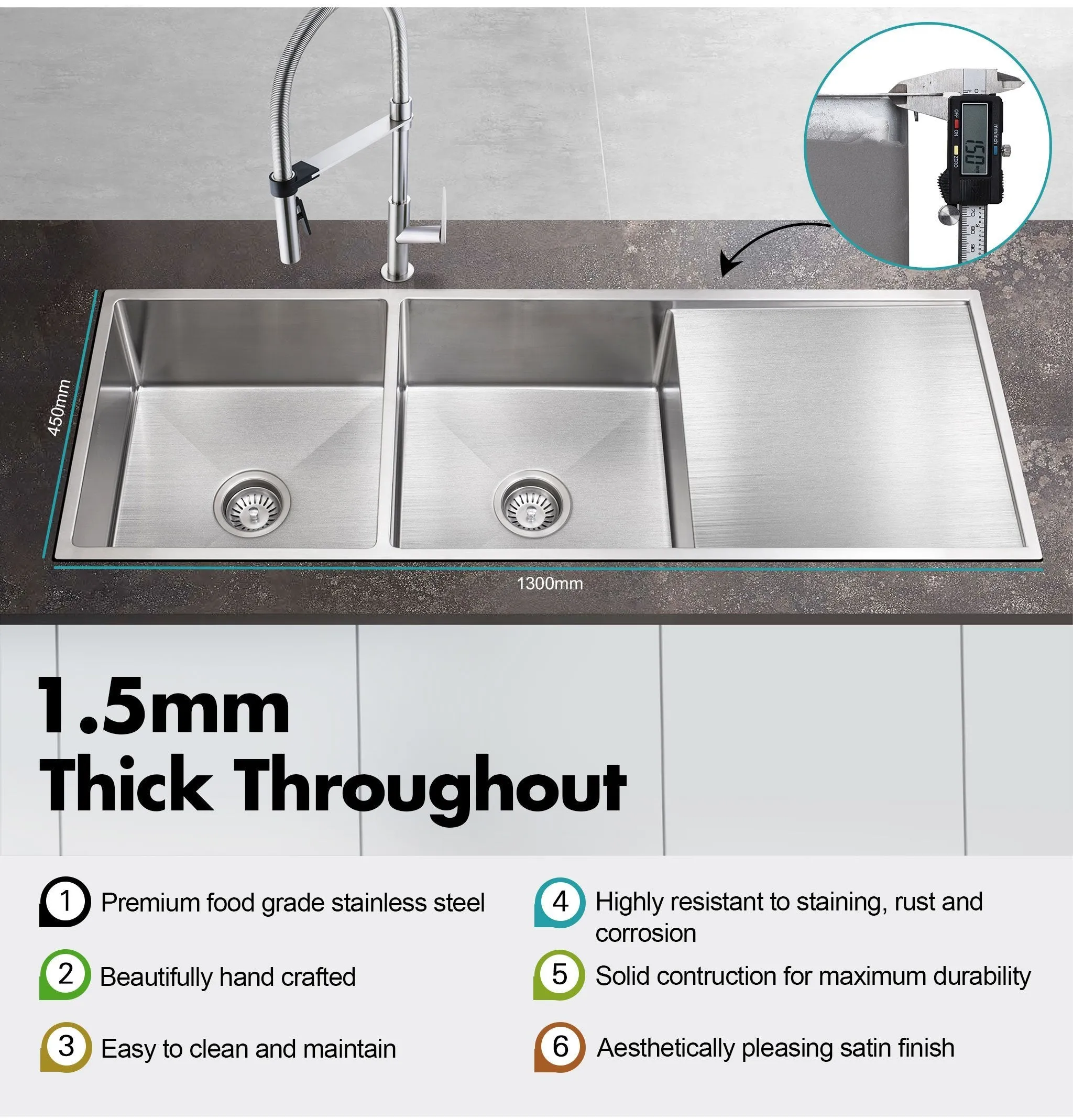 ULTIMO 1.5mm 1300W x 450D Double Bowl Sink with Drainer - SSD1345