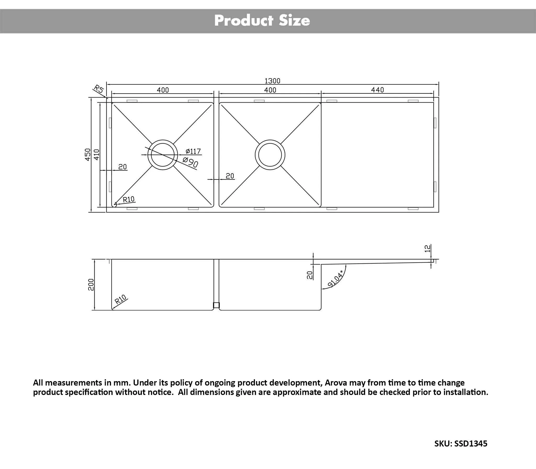 ULTIMO 1.5mm 1300W x 450D Double Bowl Sink with Drainer - SSD1345