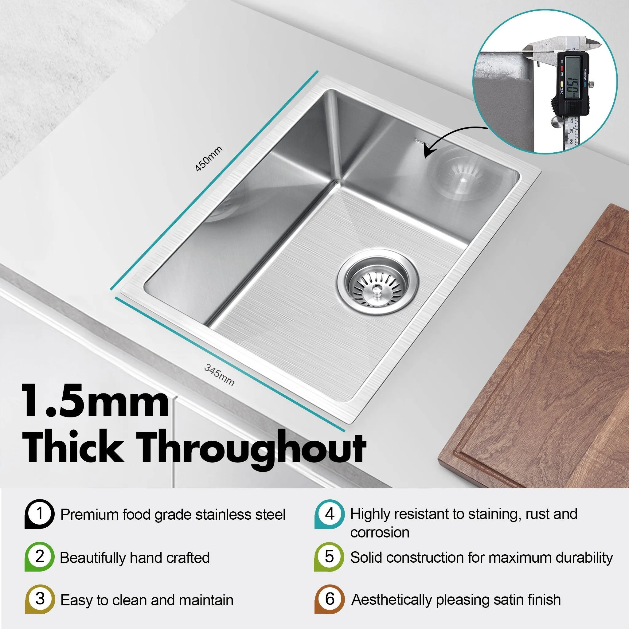 ULTIMO 1.5mm 340W x 450D Single Bowl Square Sink - SSD3445