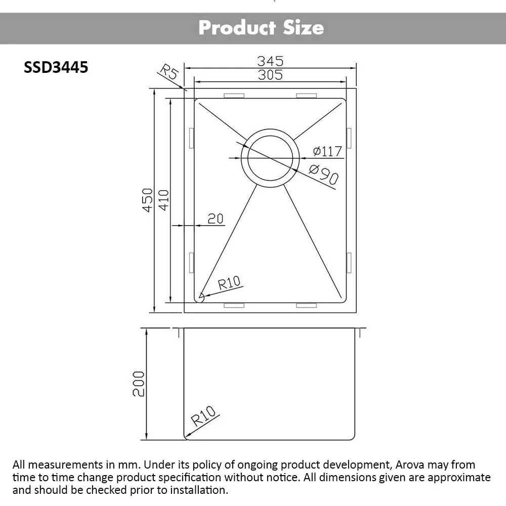 ULTIMO 1.5mm 340W x 450D Single Bowl Square Sink - SSD3445