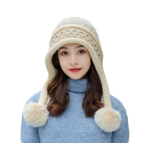 Warm Wnter Knit Hat Ear Flaps for Women - Pom Pom Ski Hat Thick Cable YZ70240