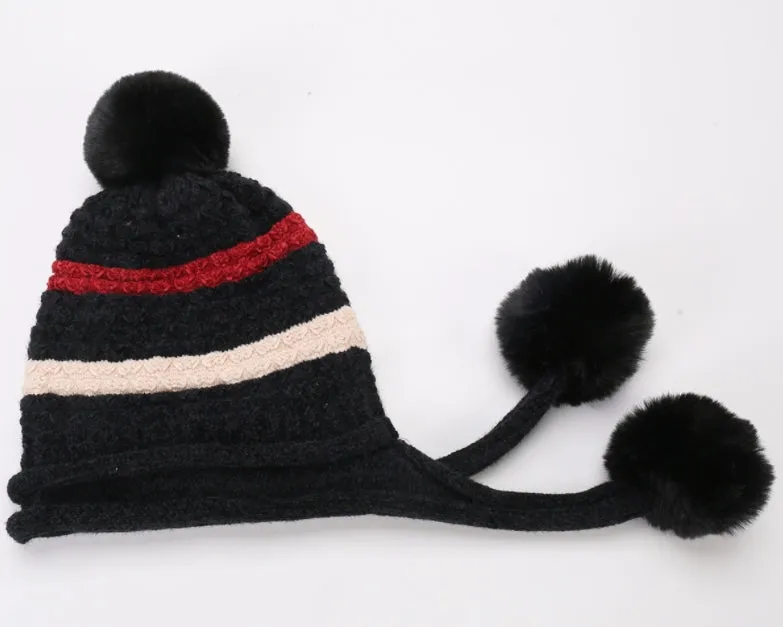 Winter Fleece Lining Soft Knit Beanie Hat Pom Earflaps YZ70080